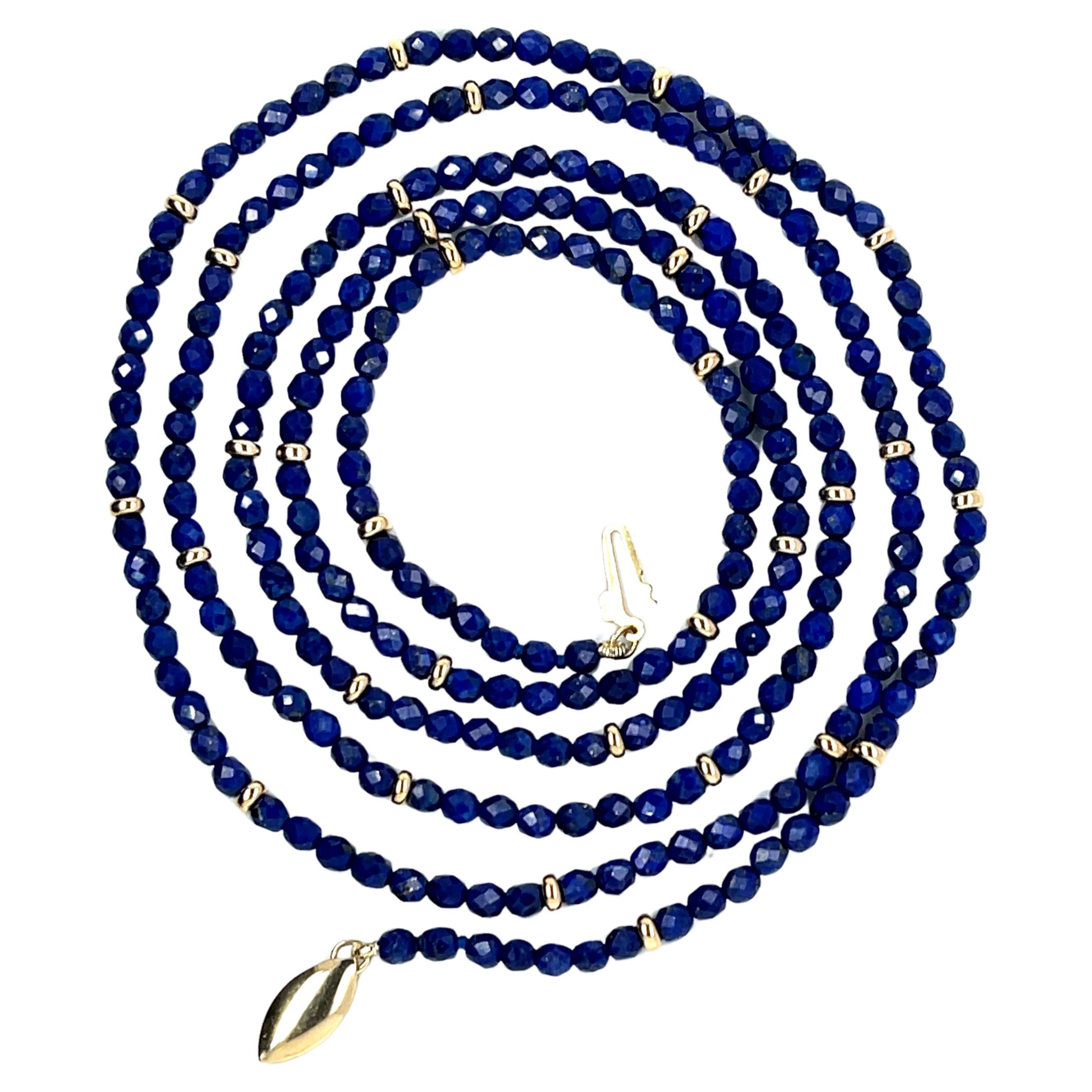 Faceted Lapis Bead Necklace with Yellow Gold Accents, 36 Inches For Sale