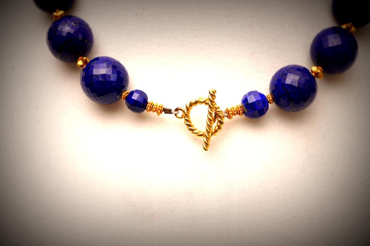 Women's or Men's Faceted Lapis Lazuli & 22K Gold Beaded Necklace By Deborah Lockhart Phillips