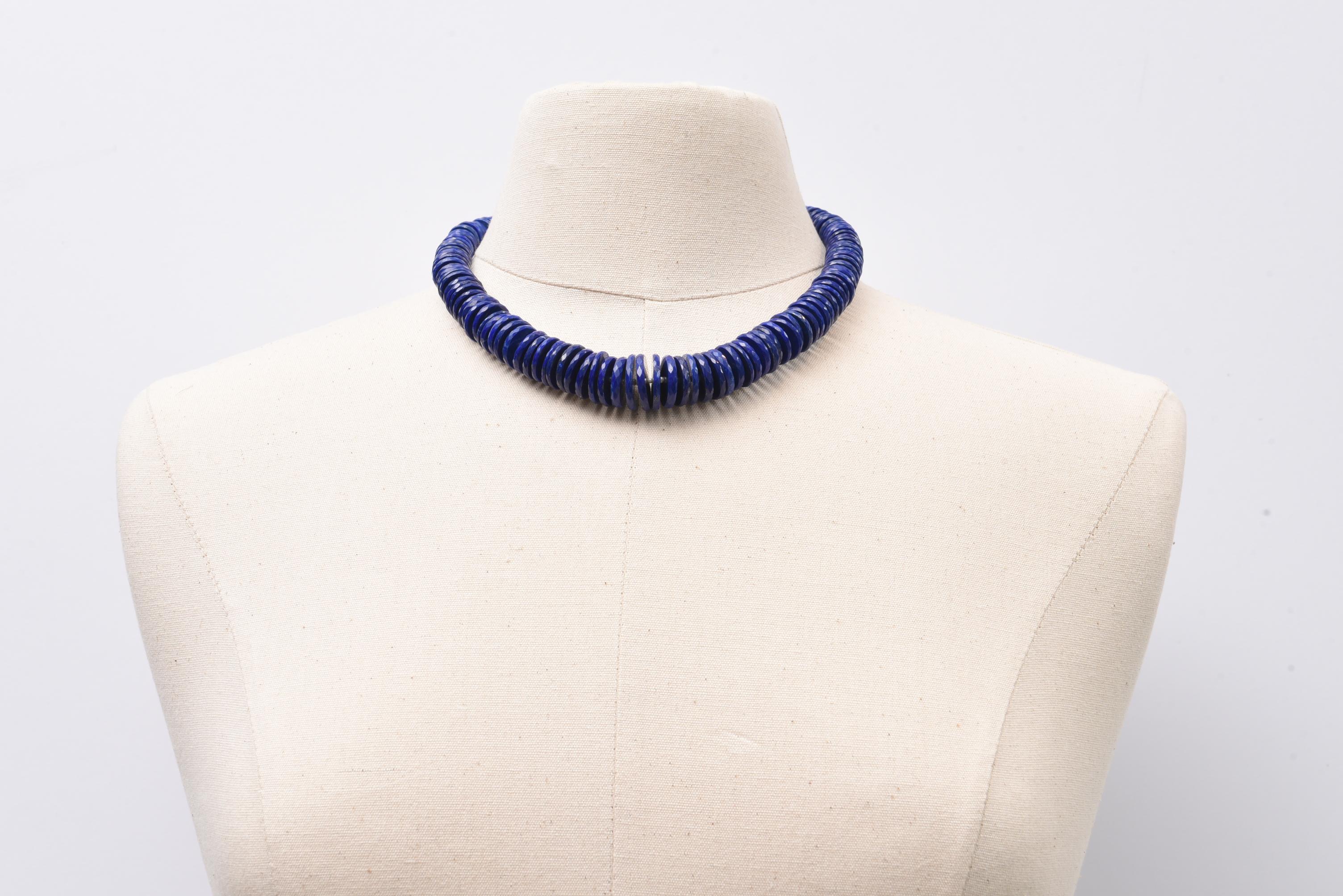 Women's or Men's Faceted Lapis Lazuli and Sterling Silver Beaded Necklace For Sale