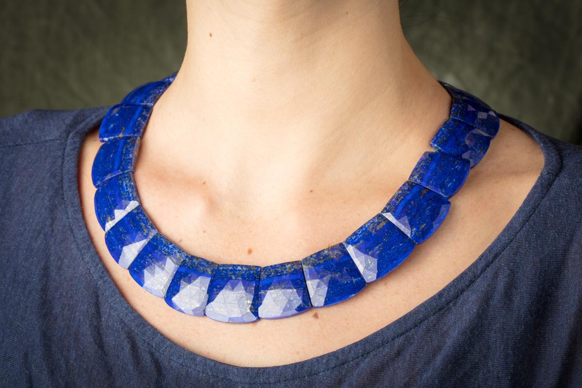 Women's or Men's Faceted Lapis Lazuli Necklace with Sterling Silver Clasp