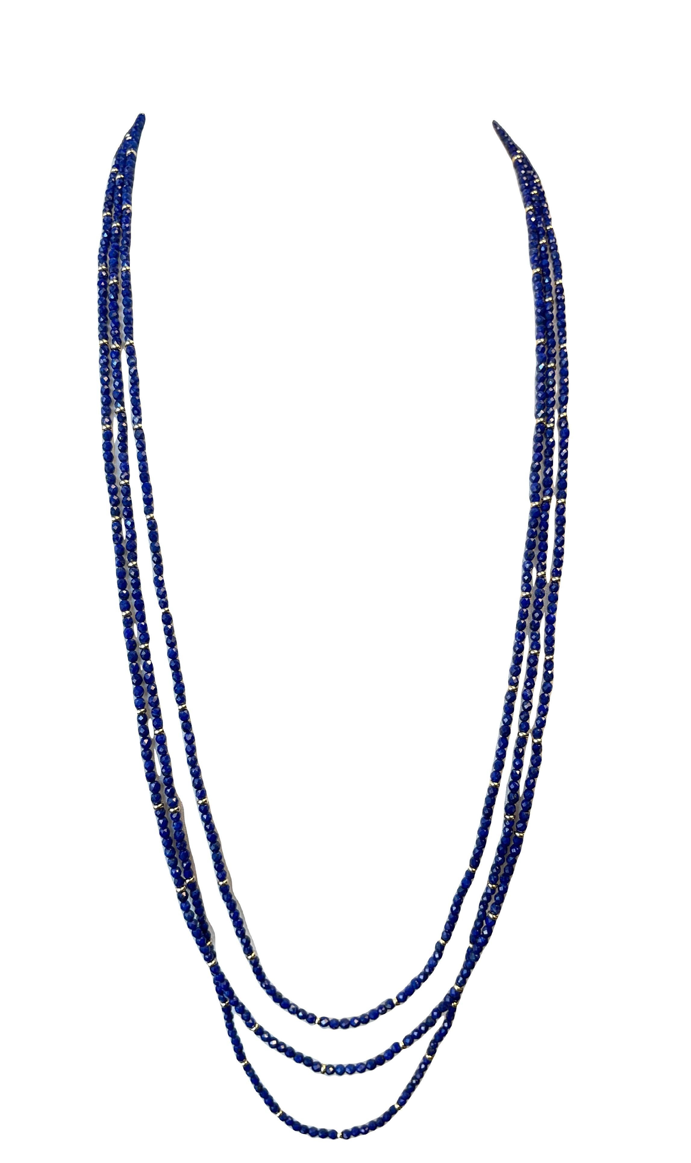 Women's or Men's Faceted Lapis Bead Necklace with Yellow Gold Accents, 34 Inches