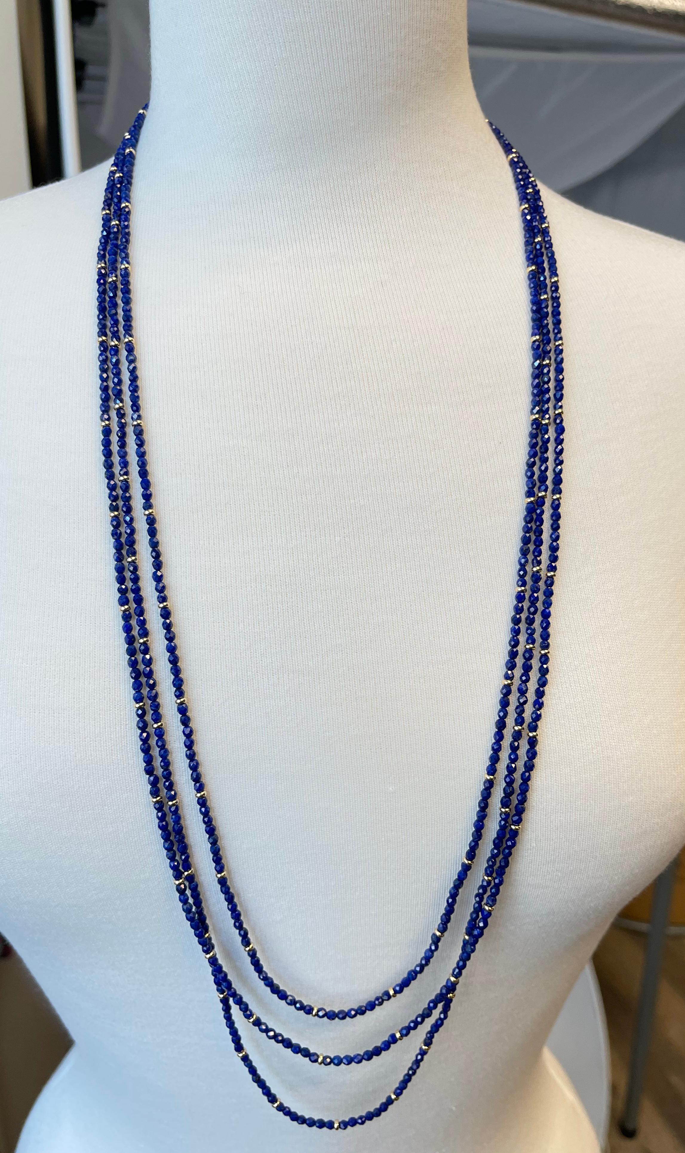 Faceted Lapis Bead Necklace with Yellow Gold Accents, 34 Inches 3