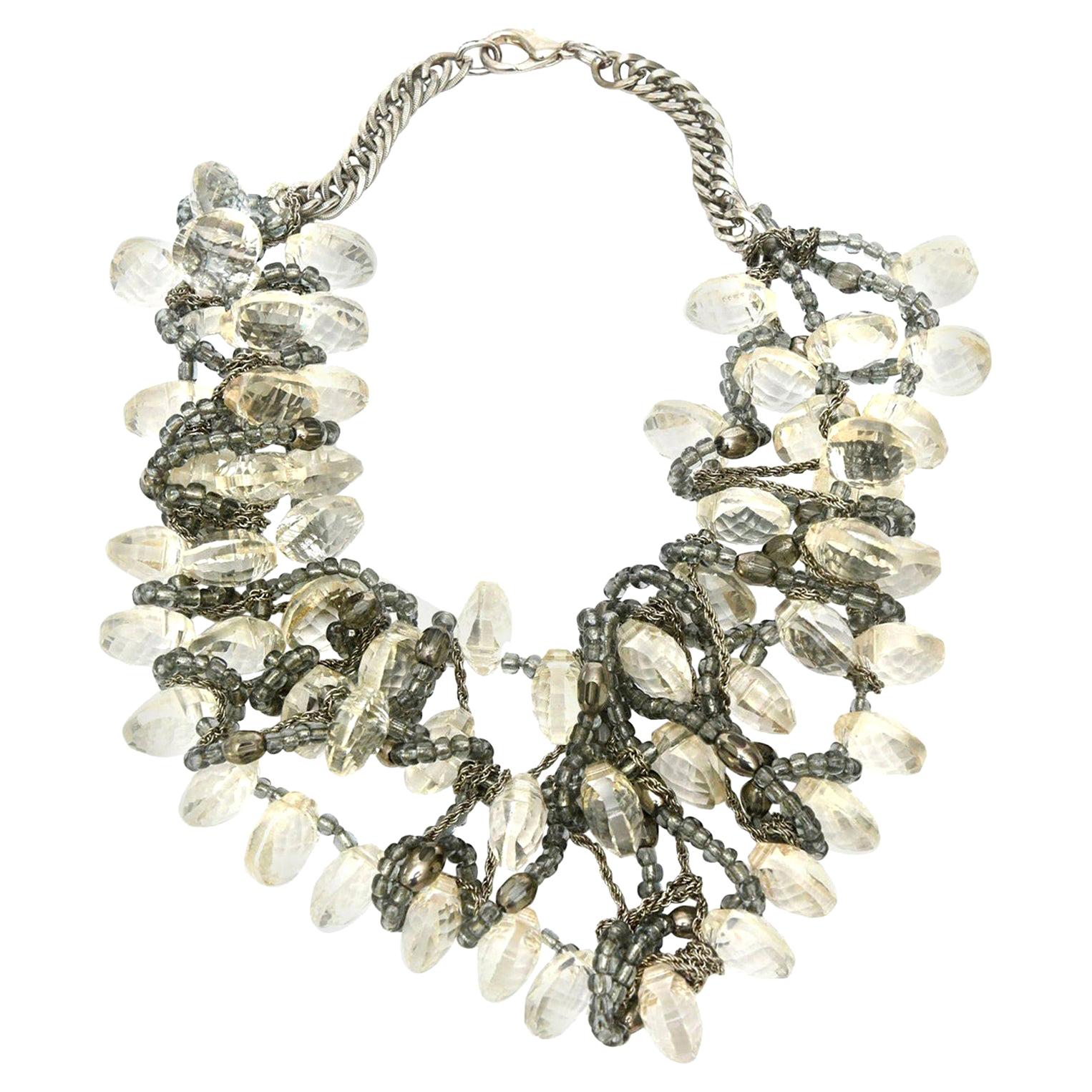  Faceted Lucite Chain, Beads And Silver Bib Multi Strand Necklace Vintage For Sale