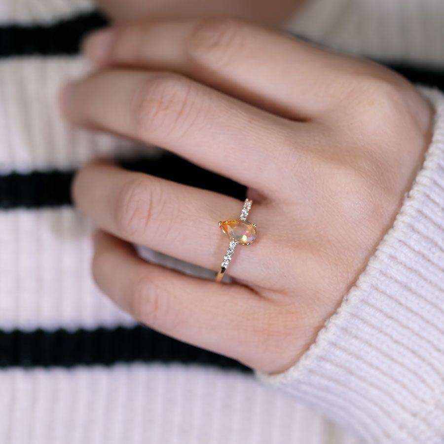 Arts and Crafts Faceted Mexican Fire Opal & Diamond Engagement Ring 18K Yellow Gold For Sale