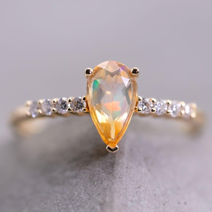 Brilliant Cut Faceted Mexican Fire Opal & Diamond Engagement Ring 18K Yellow Gold For Sale
