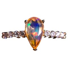 Faceted Mexican Fire Opal & Diamond Engagement Ring 18K Yellow Gold