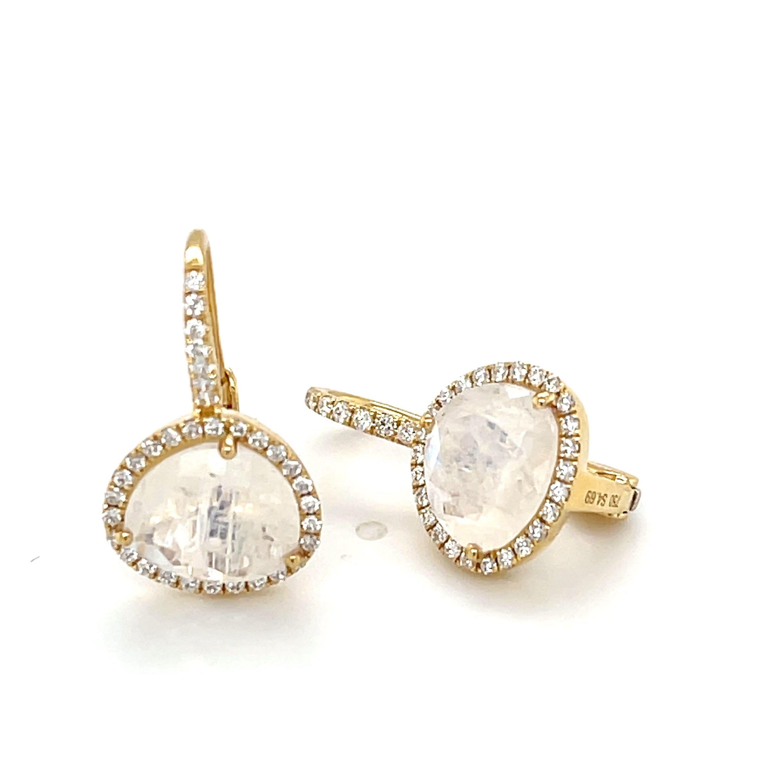 Faceted Moonstone and Diamond Halo Drop Earrings in Yellow Gold For Sale 1