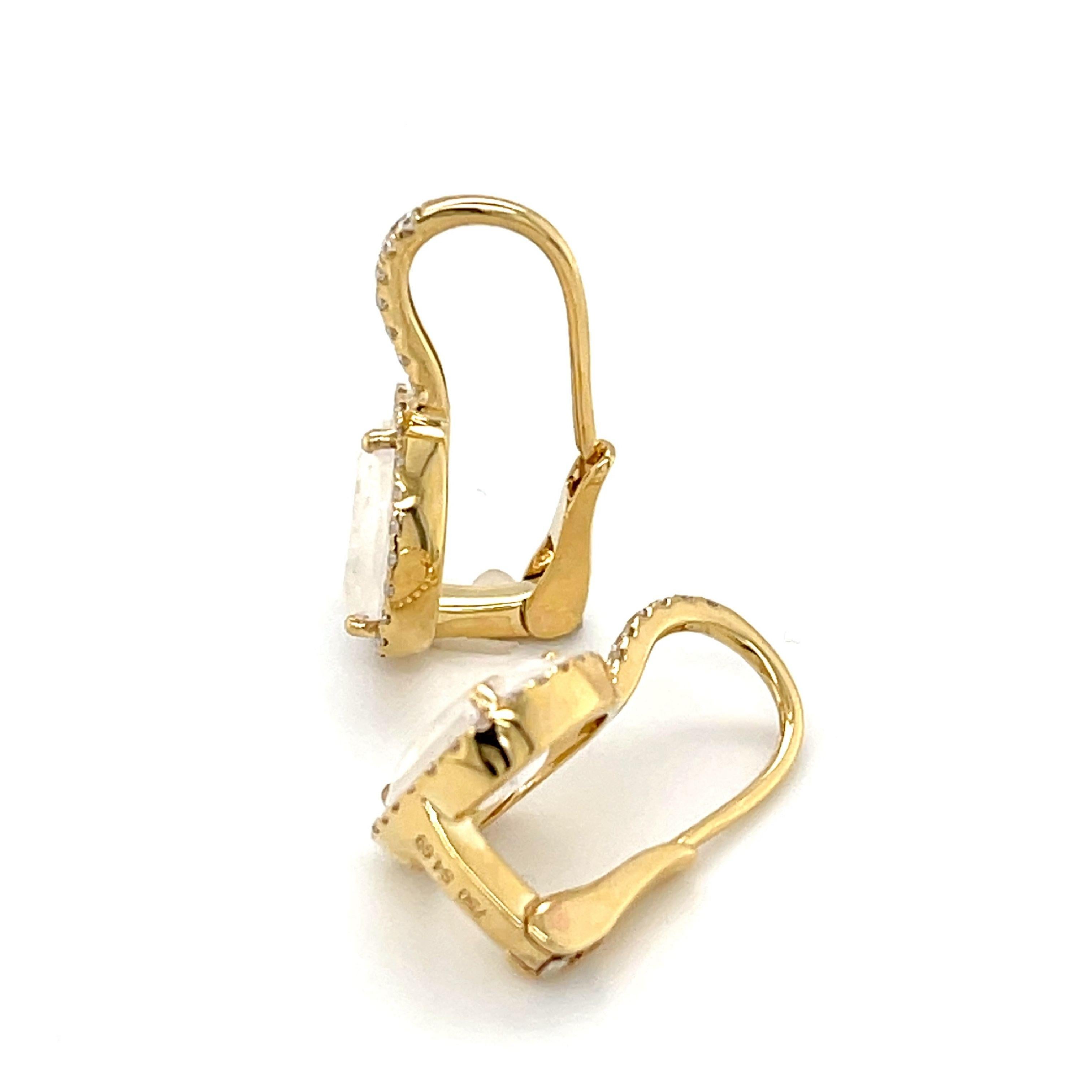 Faceted Moonstone and Diamond Halo Drop Earrings in Yellow Gold For Sale 2