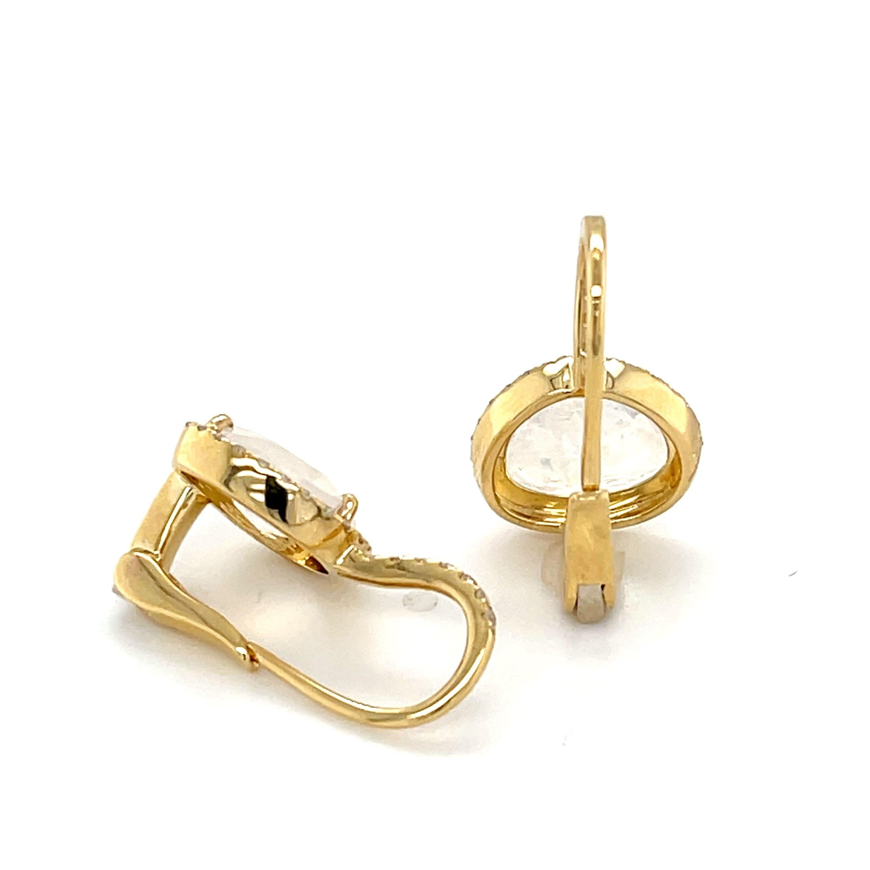 Faceted Moonstone and Diamond Halo Drop Earrings in Yellow Gold For Sale 3