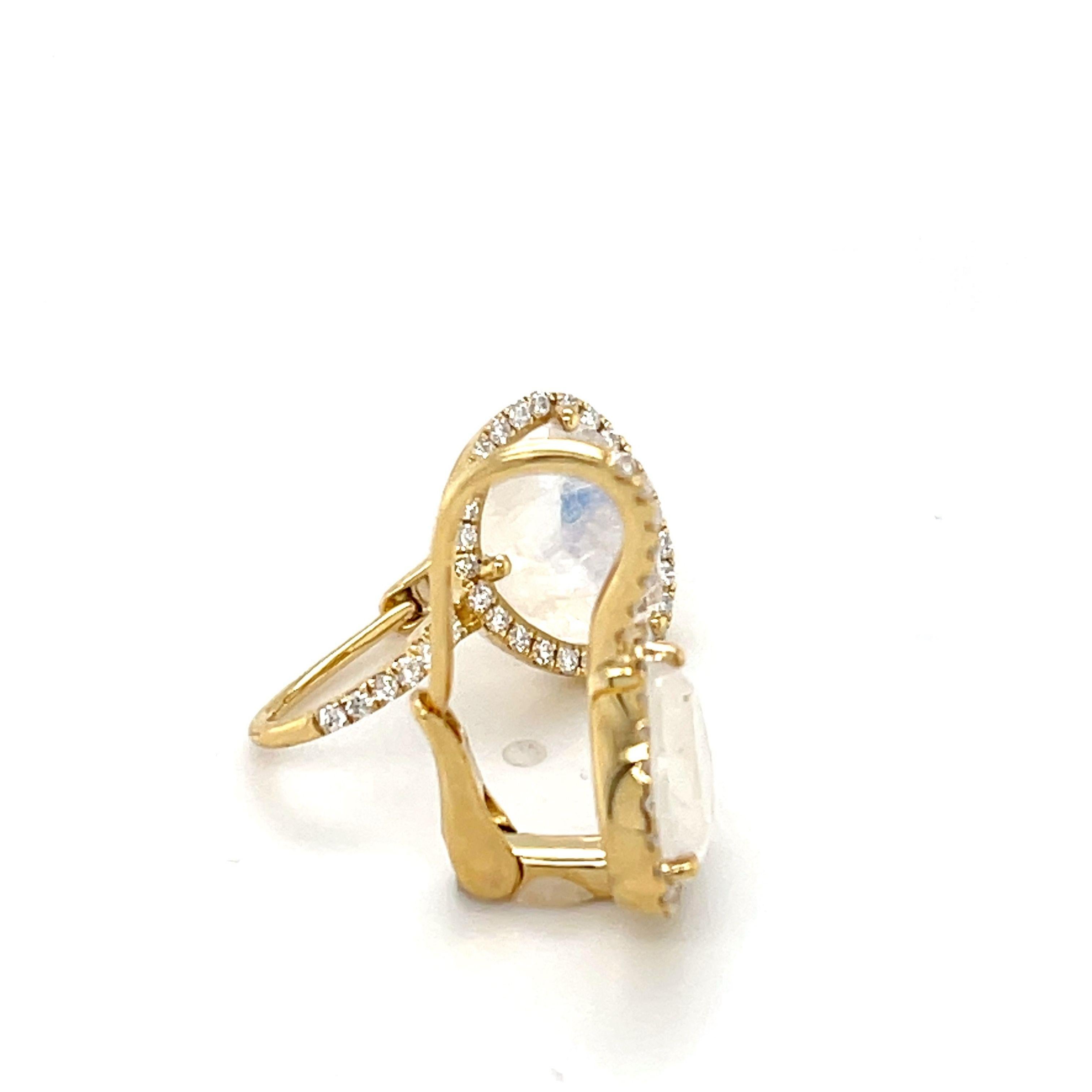 Faceted Moonstone and Diamond Halo Drop Earrings in Yellow Gold For Sale 4