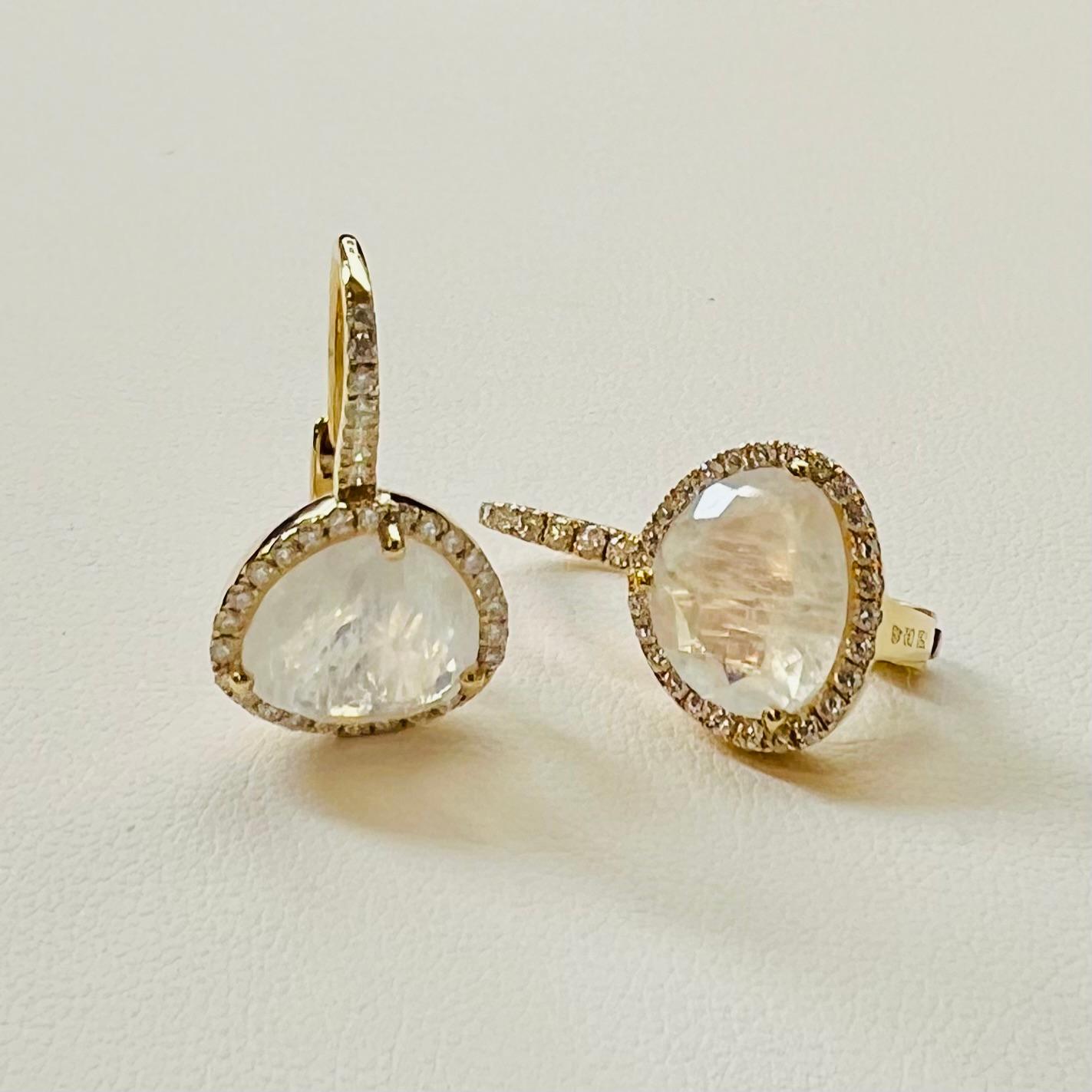 Artisan Faceted Moonstone and Diamond Halo Drop Earrings in Yellow Gold For Sale