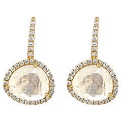 Faceted Moonstone and Diamond Halo Drop Earrings in Yellow Gold