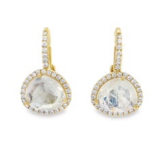 Faceted Moonstone and Diamond Halo Yellow Gold Lever Back Drop Earrings