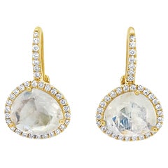 Faceted Moonstone and Diamond Halo Yellow Gold Lever Back Drop Earrings