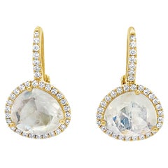 Faceted Moonstone and Diamond Halo Yellow Gold Lever Back Drop Earrings
