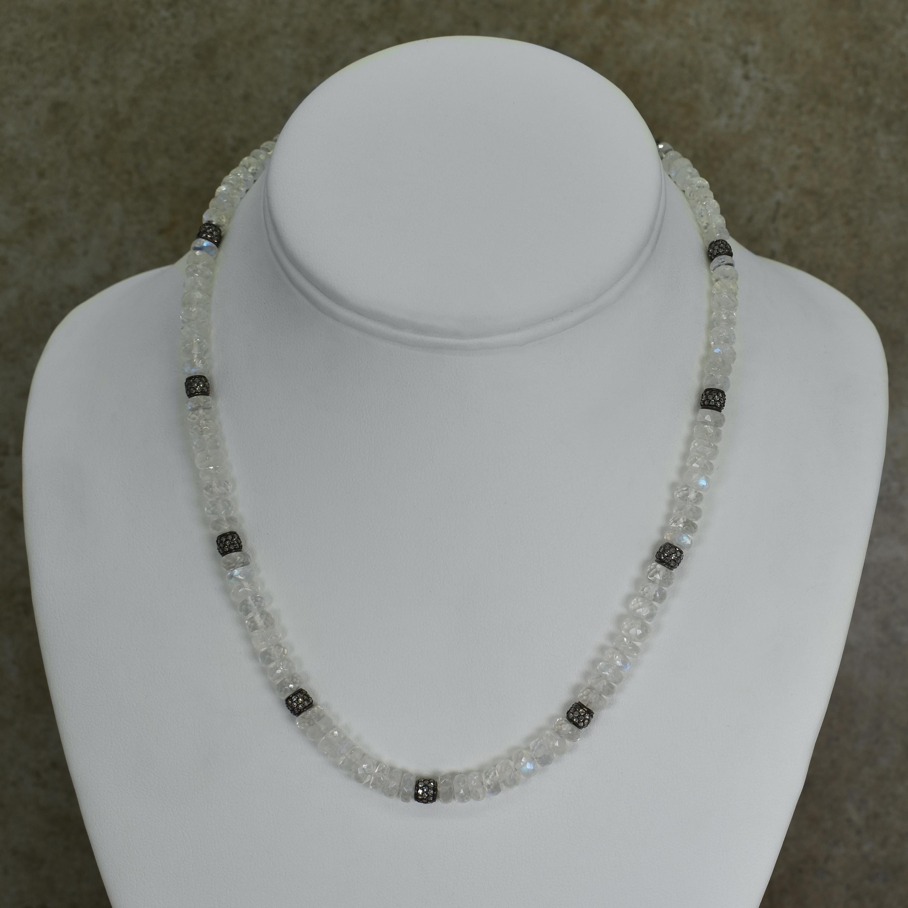 Faceted roundel shaped rainbow Moonstone, pavé white Diamond and oxidized sterling silver beaded necklace. Necklace is 17 inches in length, and is finished with a pavé Diamond lobster clasp. Perfect on its own or an excellent layering piece to dress