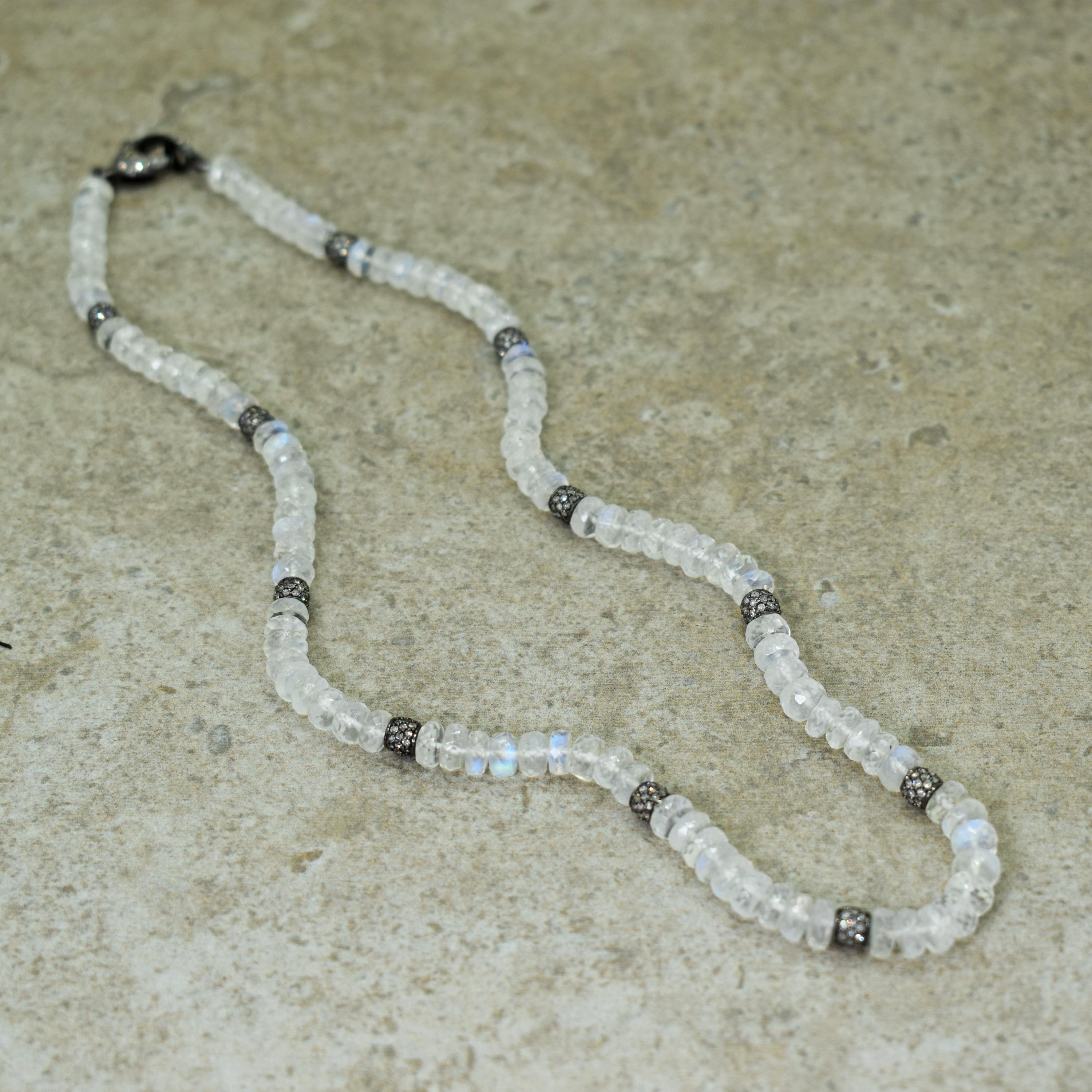 Contemporary Faceted Moonstone and Pavé Diamond Beaded Necklace For Sale