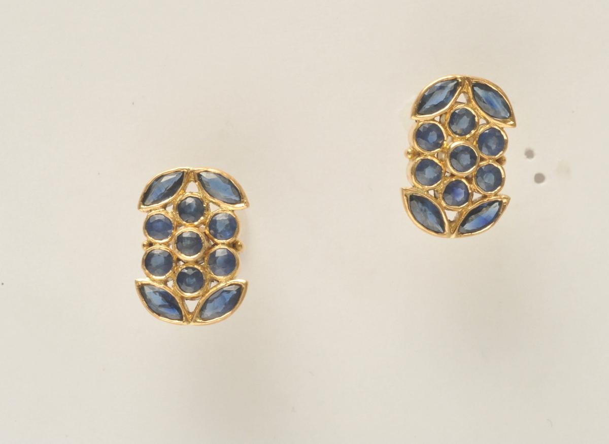 Marquise Cut Blue Sapphires and 18 Karat Gold Stud Flower Earrings