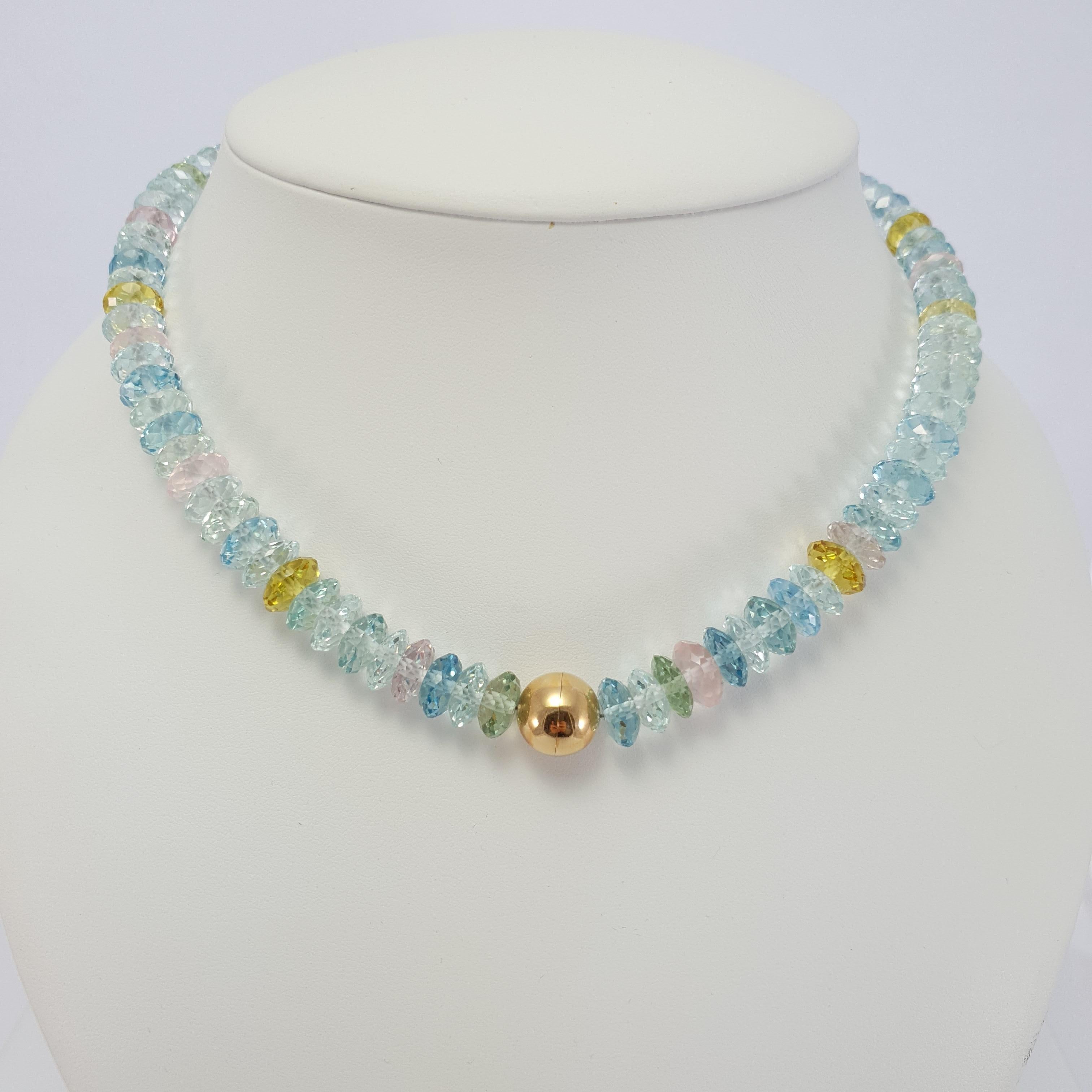 Arts and Crafts Faceted Multicolour Beryl Rondel Beaded Necklace with 18 Carat Rose Gold Clasp