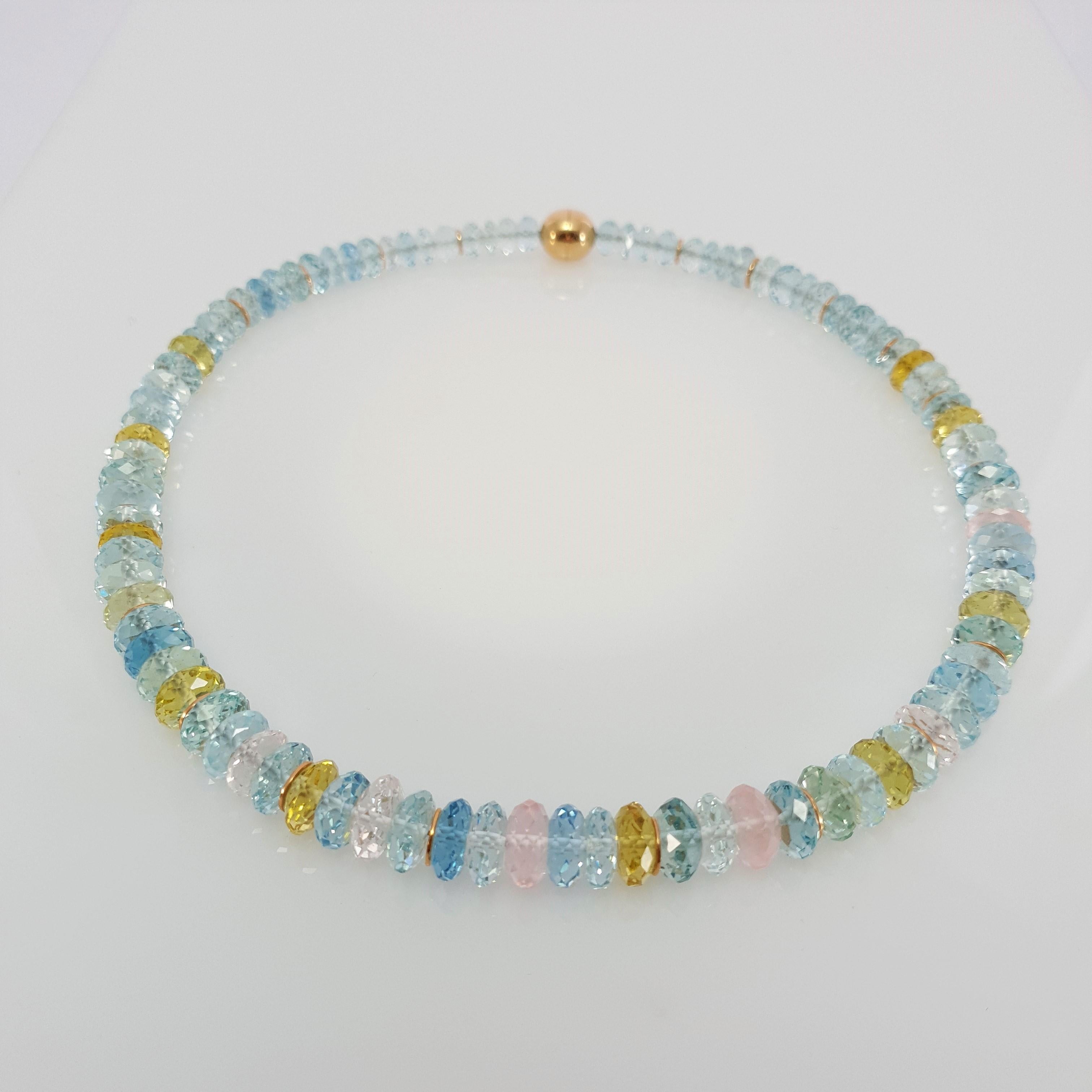 Faceted Multicolour Beryl Rondel Beaded Necklace with 18 Carat Rose Gold In New Condition For Sale In Kirschweiler, DE