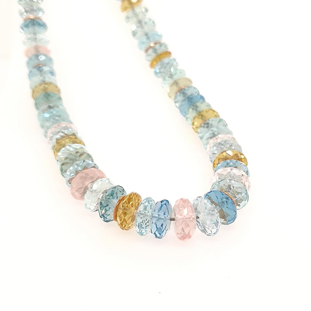 Faceted Multicolour Beryl Rondel Beaded Necklace with 18 Carat Rose Gold For Sale 4