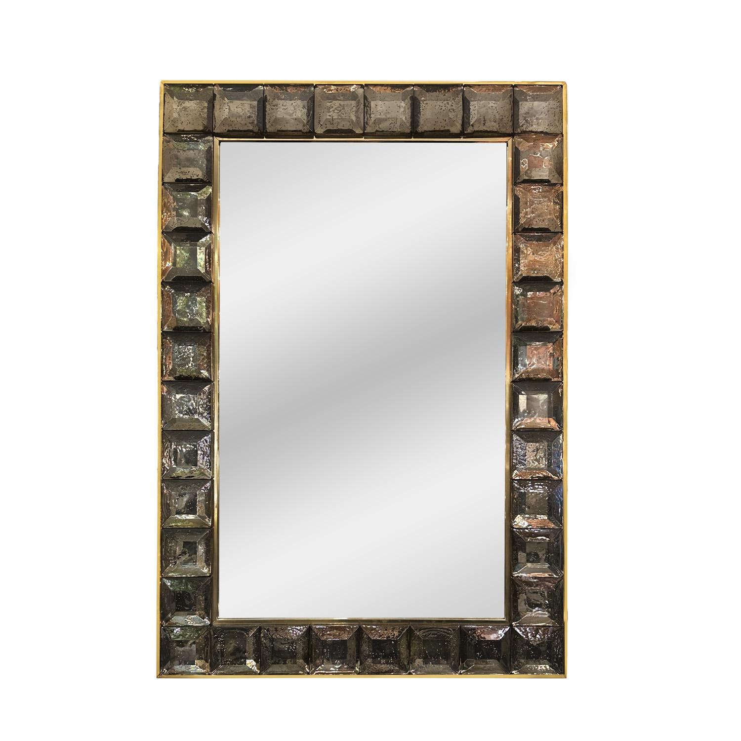 Custom hand crafted, smoke tinted Murano glass block and unlacquered brass framed mirror. Custom sizes available.