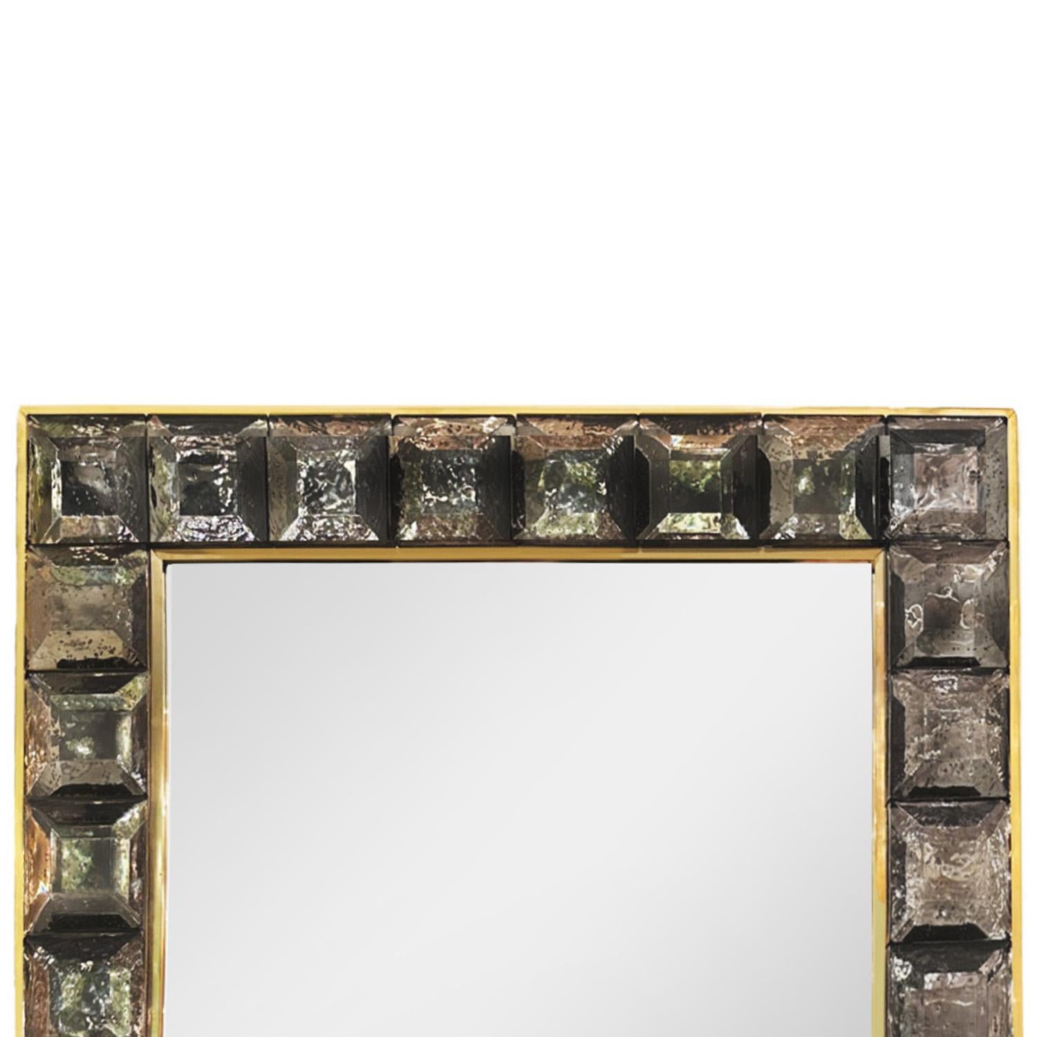 Italian Custom, Made-to-Order Faceted Murano Fume Glass Block and Brass Mirror For Sale