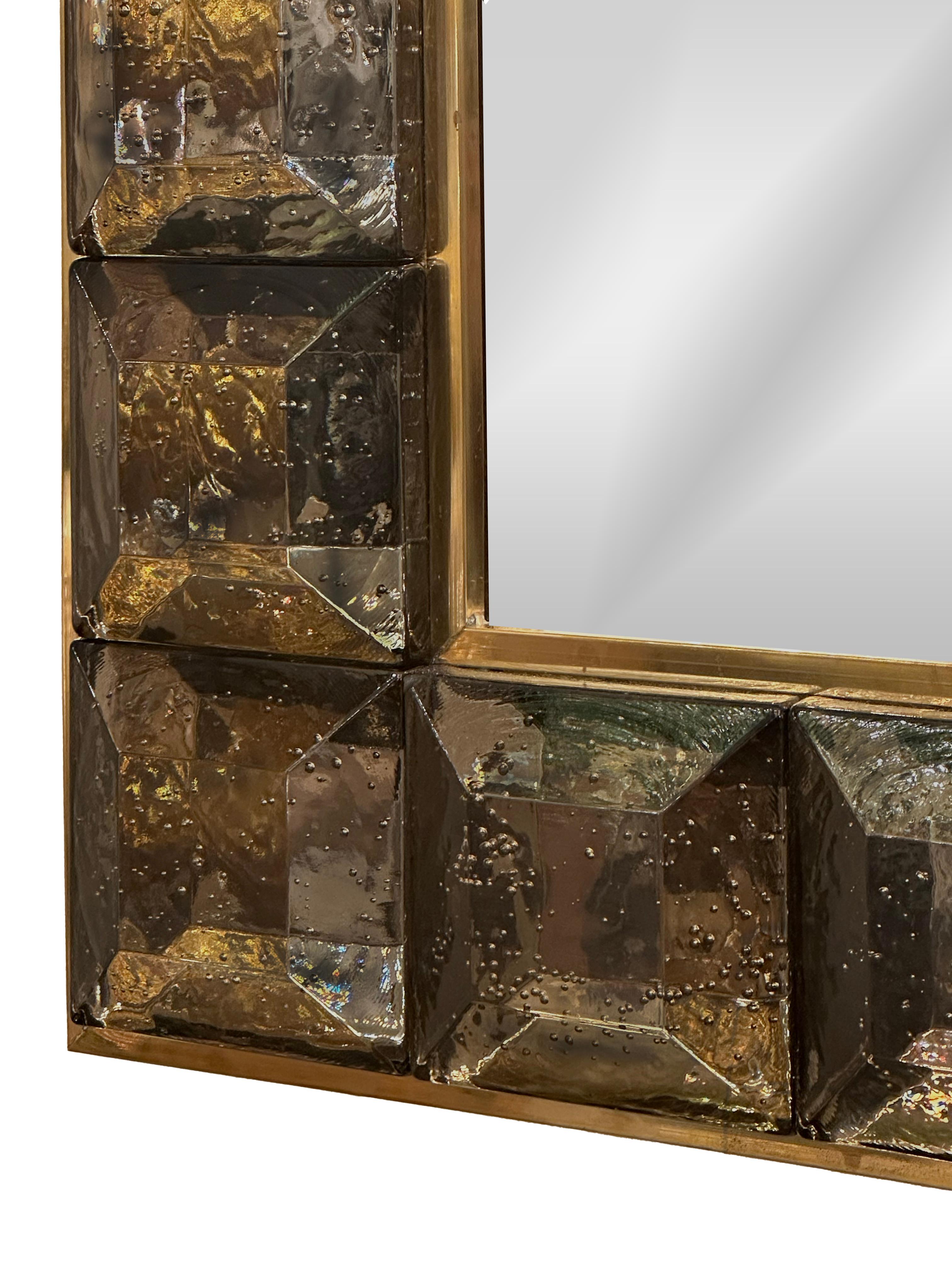 Hand-Crafted Custom, Made-to-Order Faceted Murano Fume Glass Block and Brass Mirror For Sale