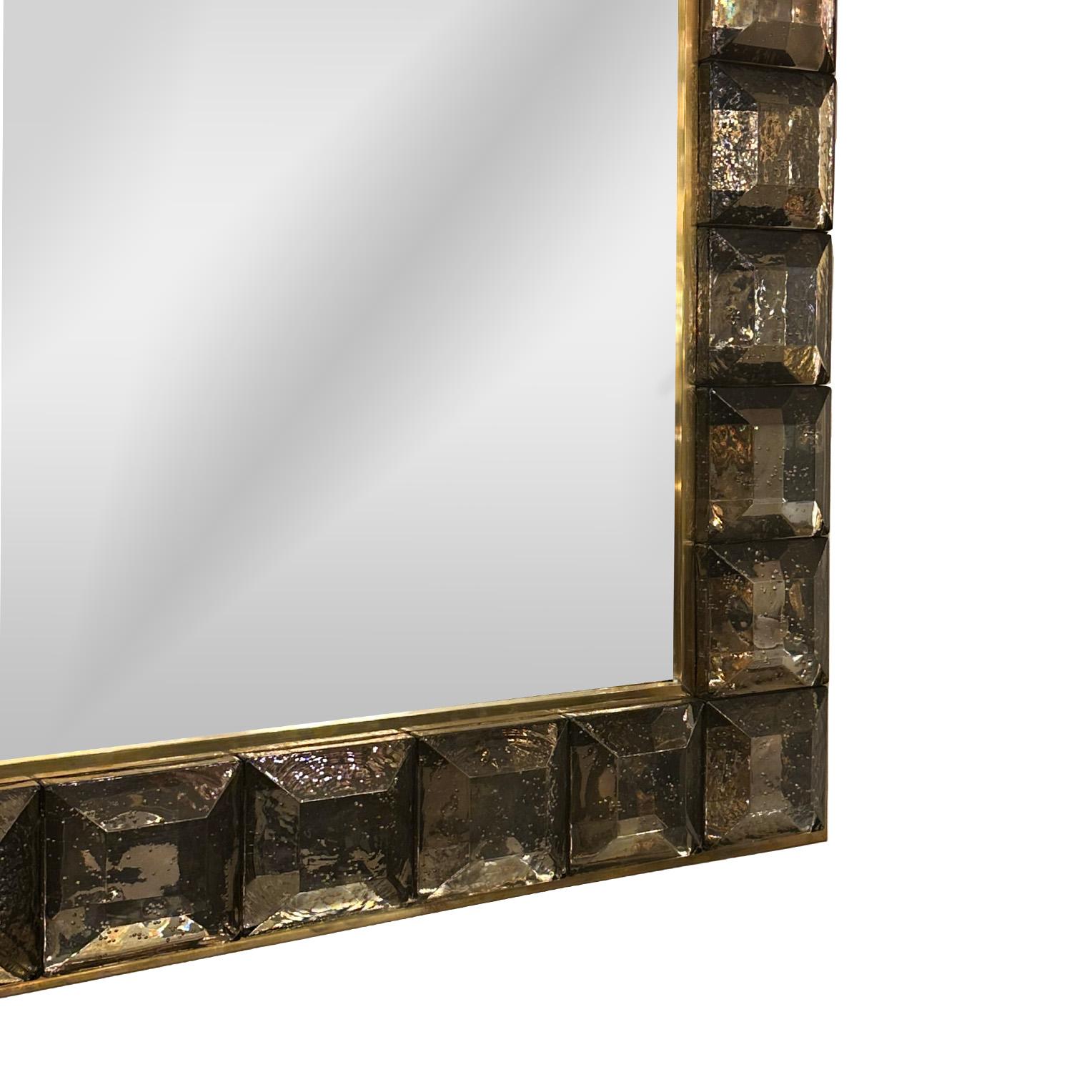 Custom, Made-to-Order Faceted Murano Fume Glass Block and Brass Mirror In New Condition For Sale In New York, NY