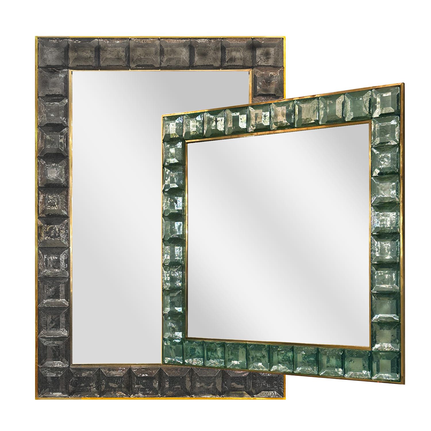 Contemporary Custom, Made-to-Order Faceted Murano Fume Glass Block and Brass Mirror For Sale