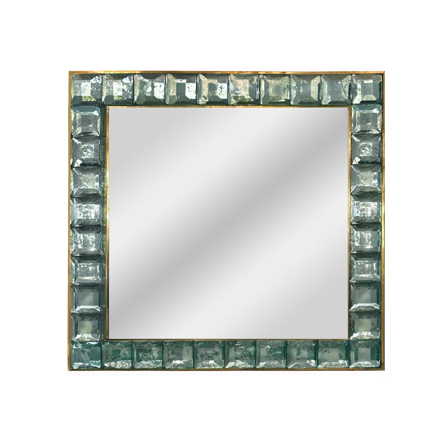Modern Faceted Murano Glass Block and Polished Brass Mirror For Sale