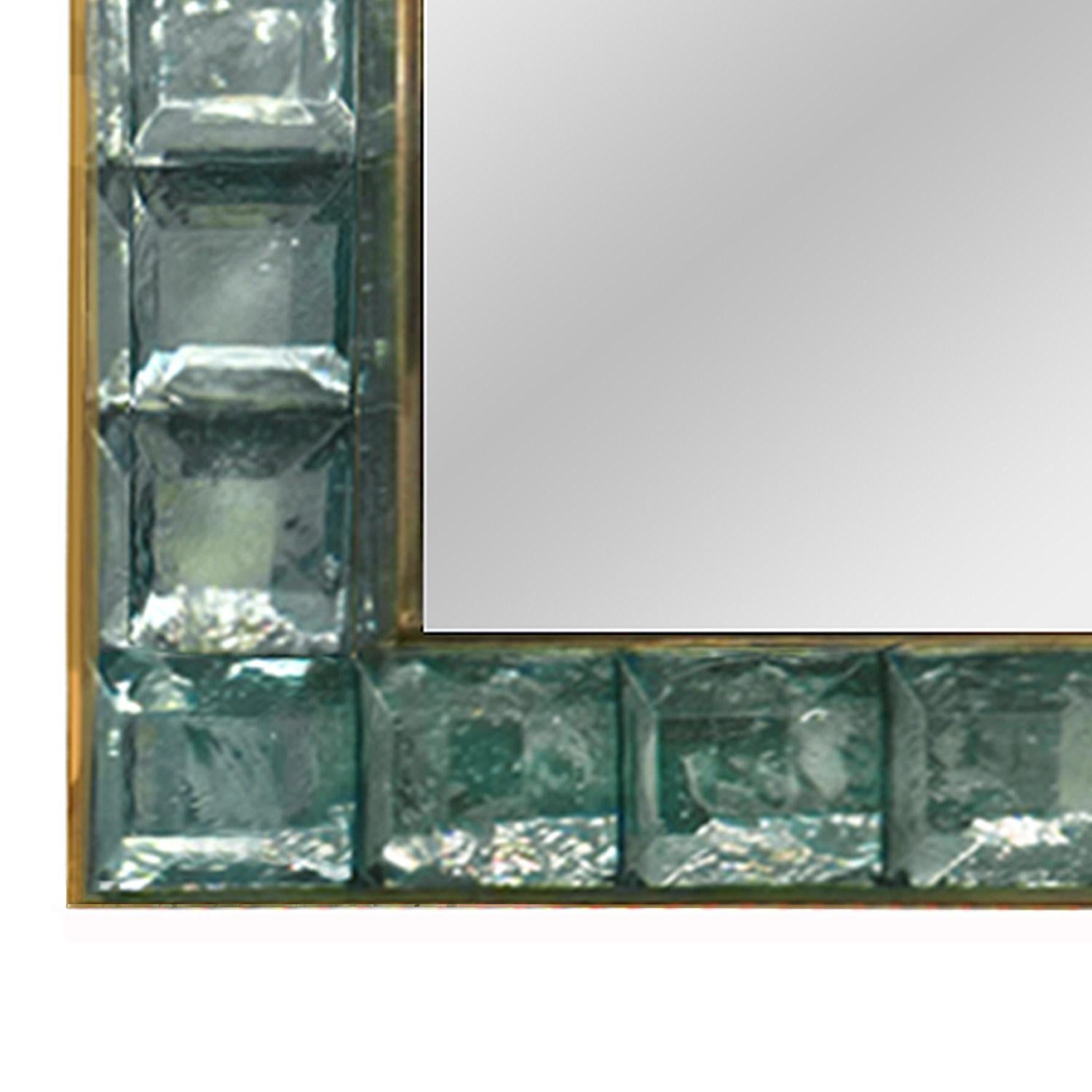 Italian Faceted Murano Glass Block and Polished Brass Mirror For Sale