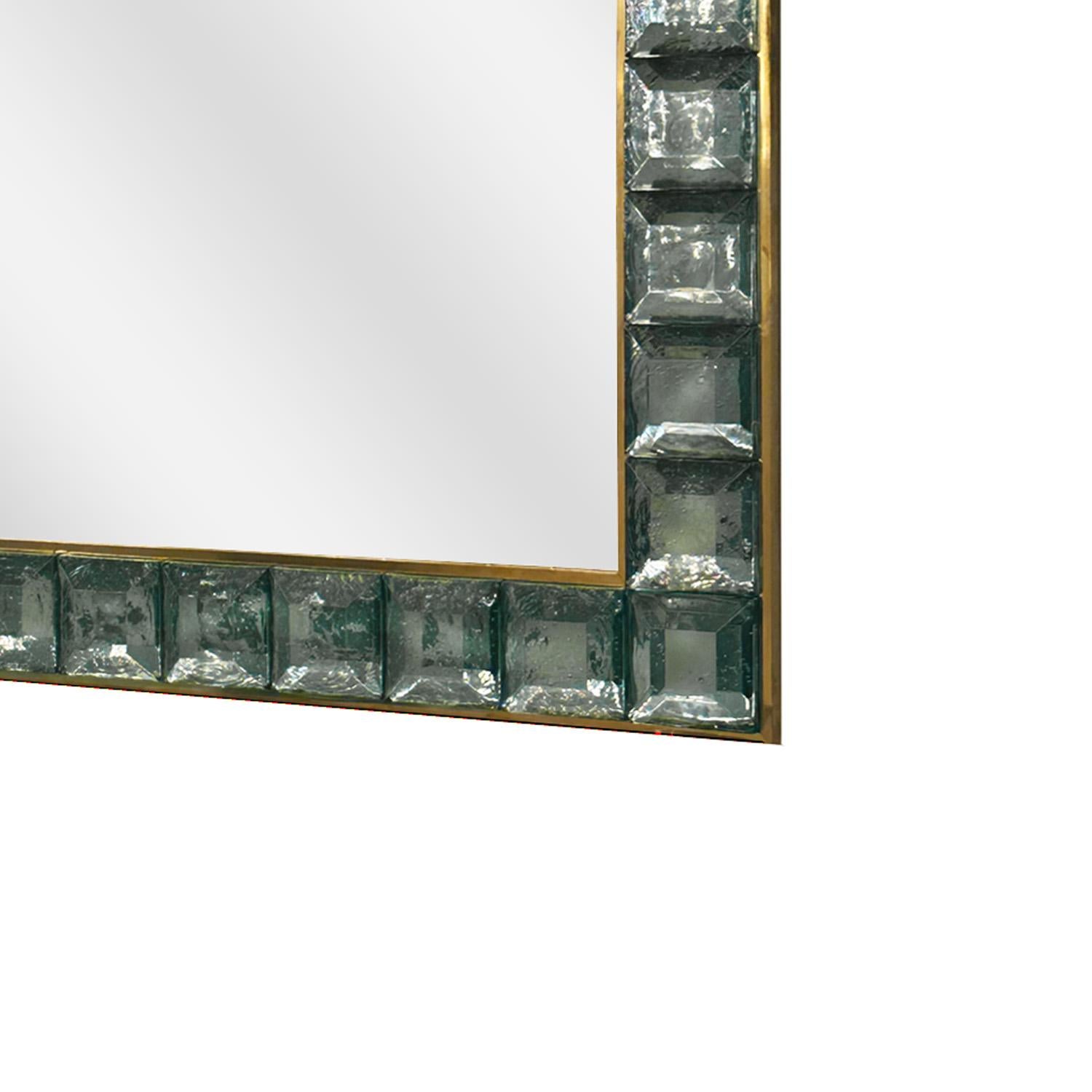 Hand-Crafted Faceted Murano Glass Block and Polished Brass Mirror For Sale
