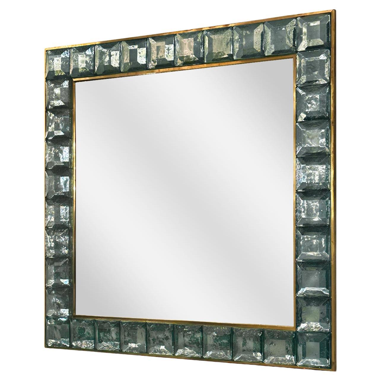 Faceted Murano Glass Block and Polished Brass Mirror For Sale