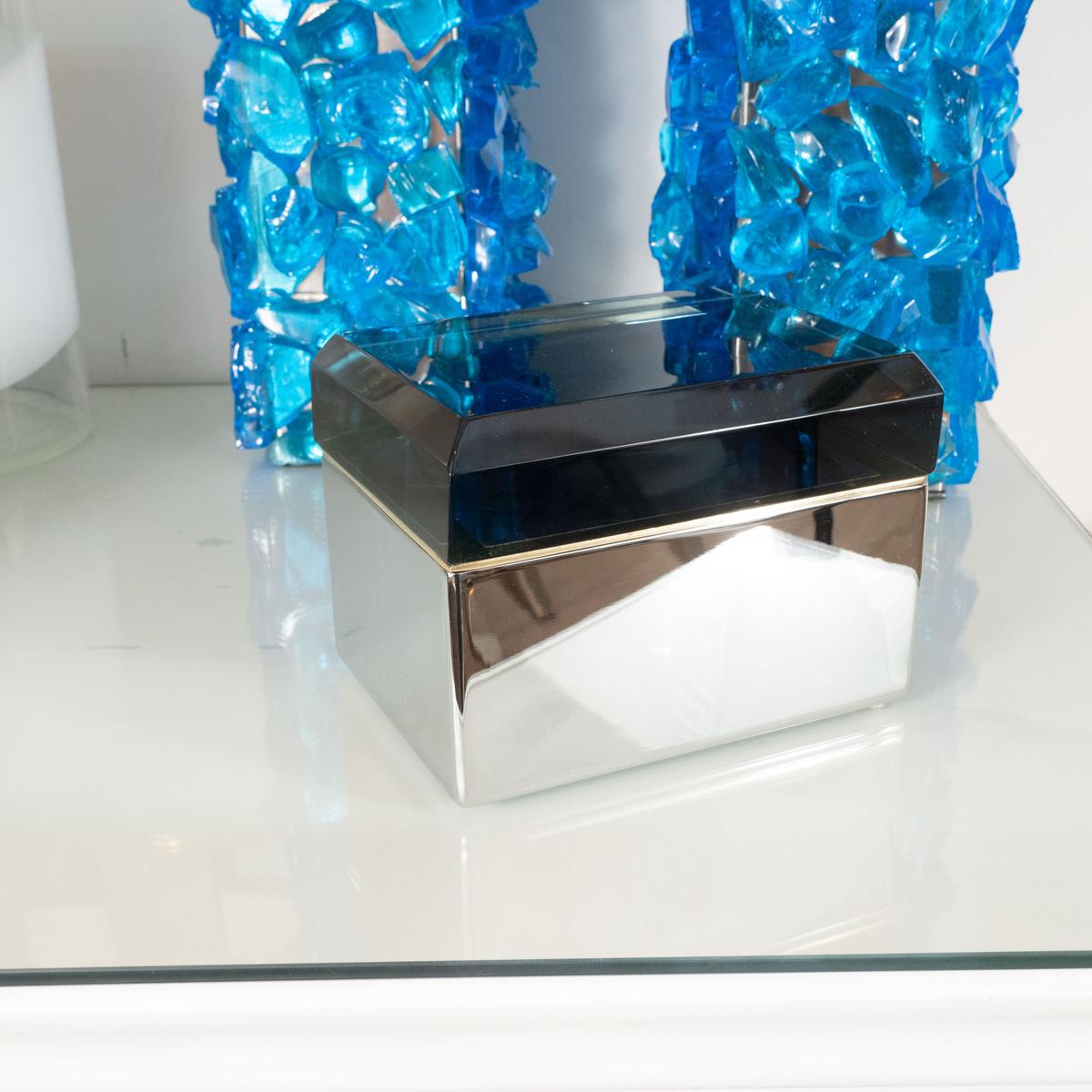 Polished metal faceted box with blue Murano glass top. Available in other glass colors / metal finishes.