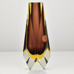 Faceted Murano Sommerso Brown, Amber & Clear Block Vase by Flavio Poli, 1960s