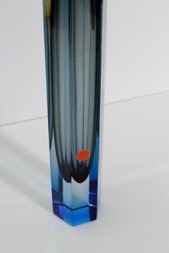 Faceted Murano Sommerso Glass Vase, Cyan Blue & Smoked Grey, Italy 1990s, 33 cm