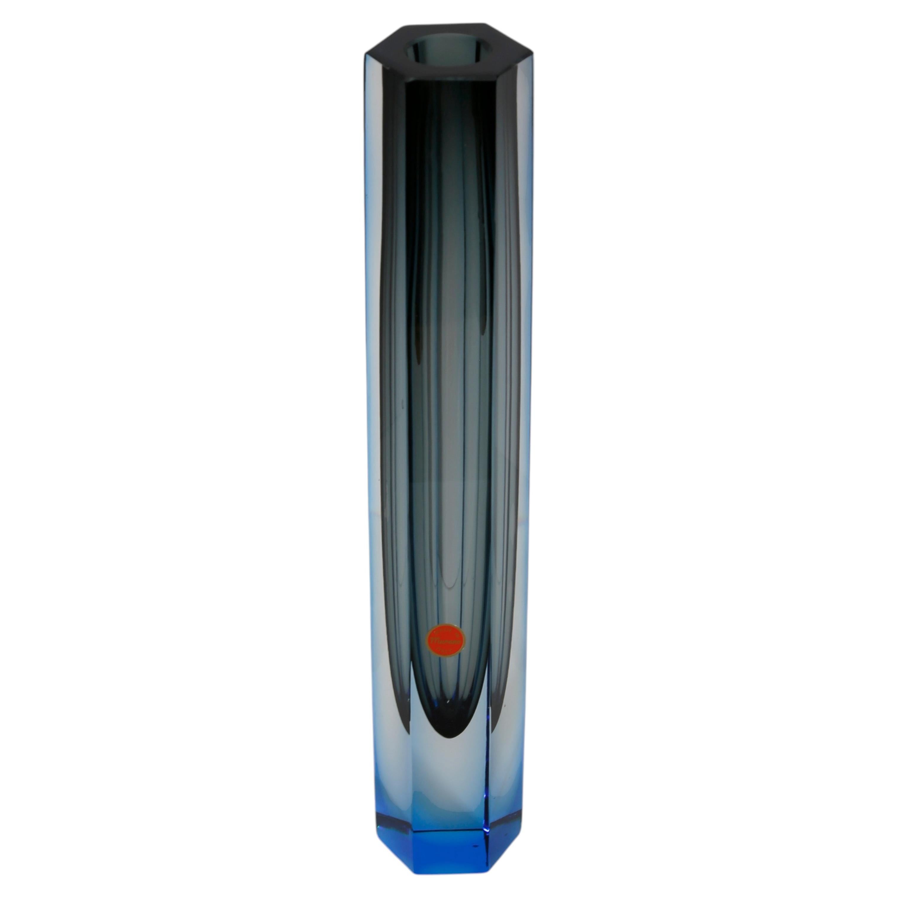Murano Glass Vase, Grey Sommerso, Faceted Hexagonal, Italy, 1990s