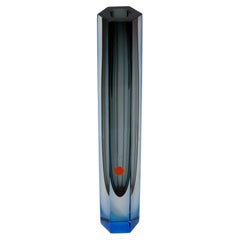 Faceted Murano Sommerso Glass Vase, Cyan Blue & Smoked Grey, Italy 1990s, 33 cm