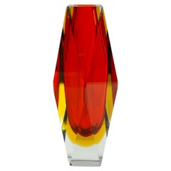 Vintage Faceted Murano Sommerso Glass Vase Red and Yellow, Italy, 1960s