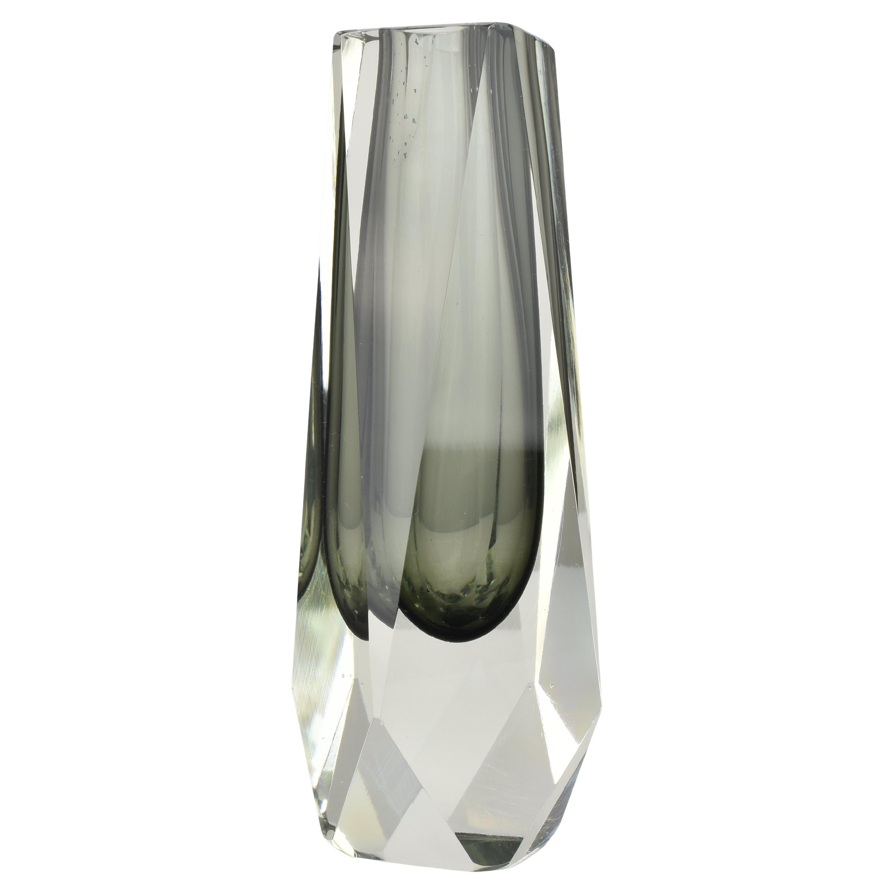 Faceted Murano Sommerso Gray & Clear Block Vase Flavio Poli Mandruzzato