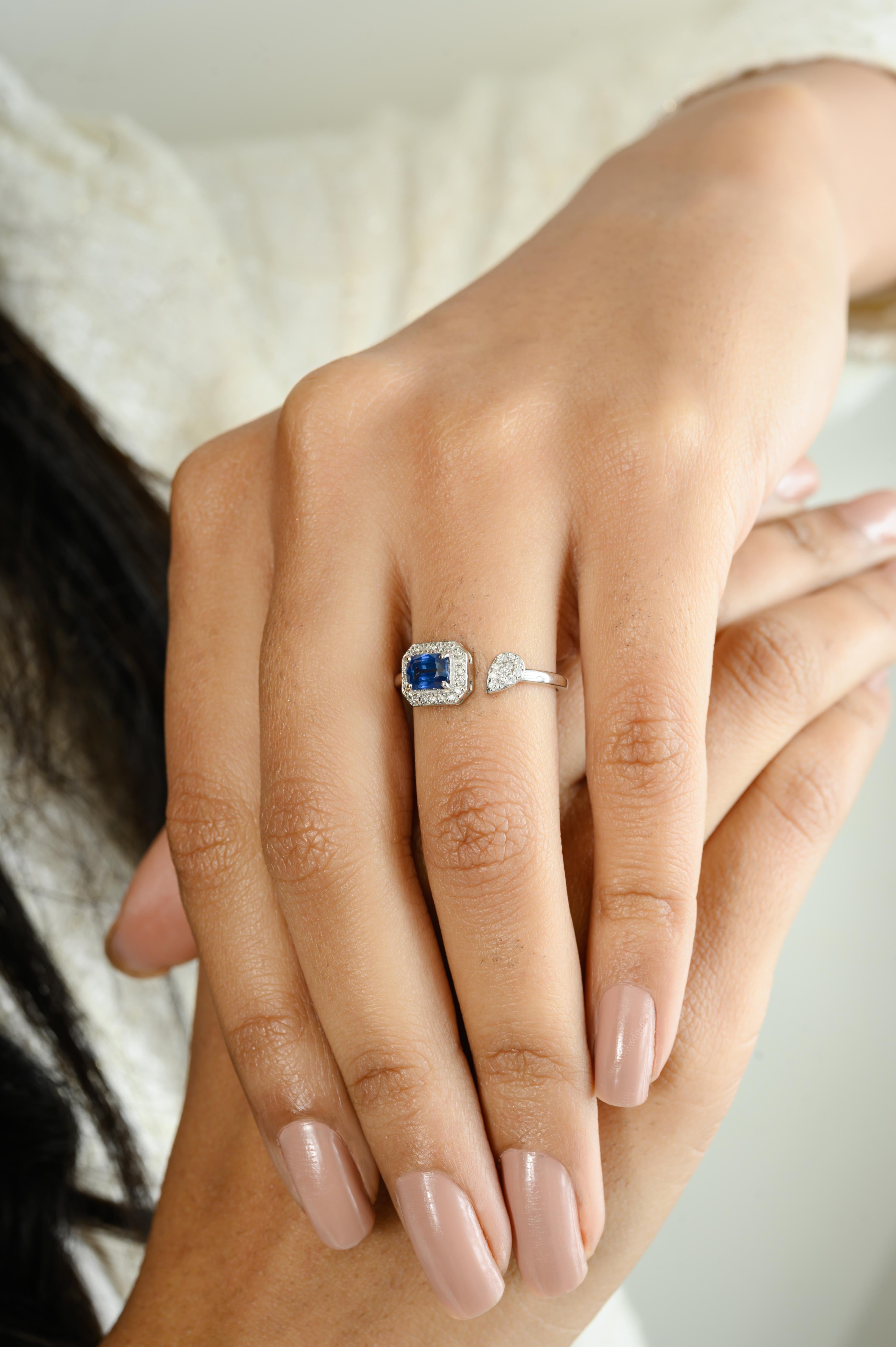 For Sale:  Faceted Octagon Sapphire Diamond Open Wedding Ring Made in 14k Solid White Gold 2