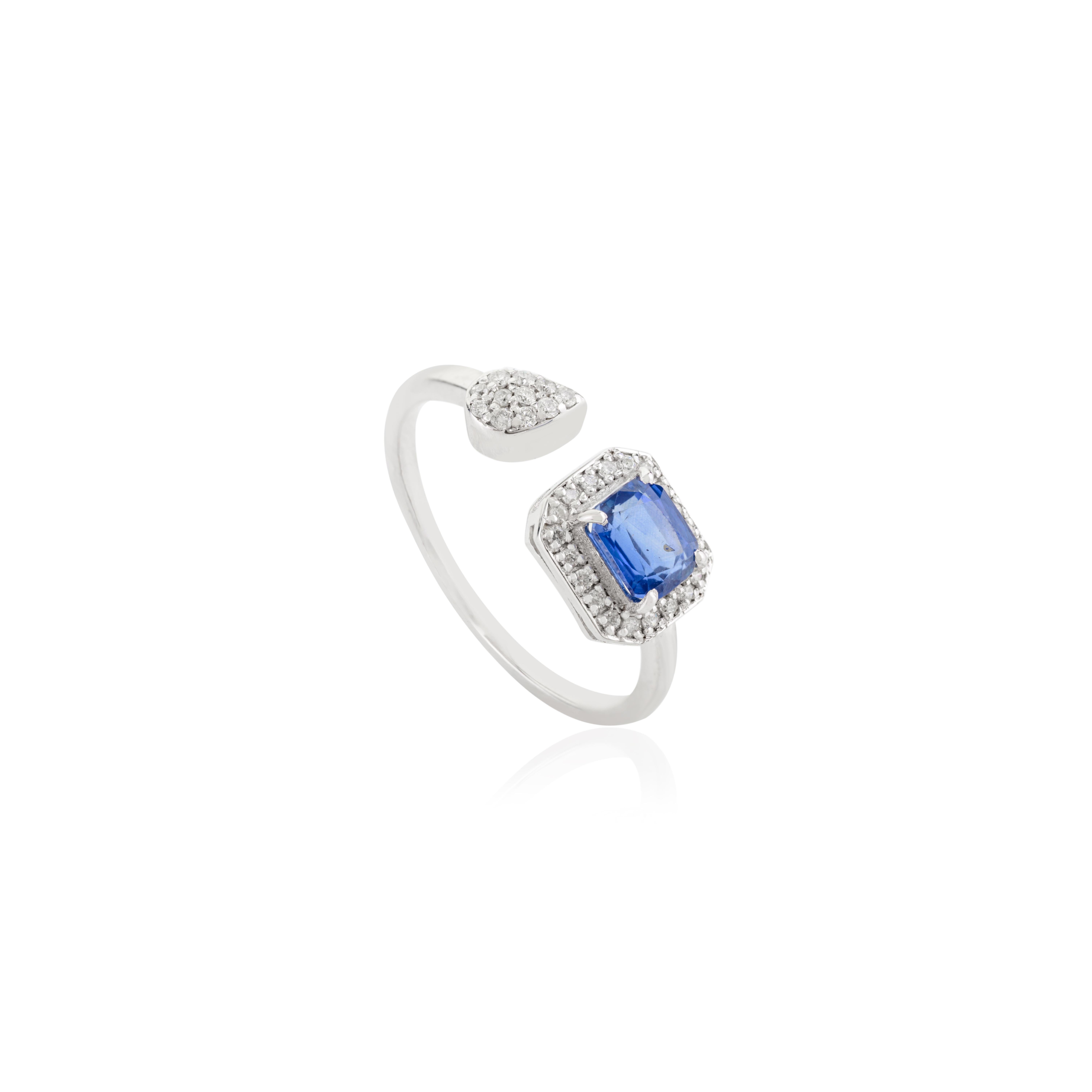 For Sale:  Faceted Octagon Sapphire Diamond Open Wedding Ring Made in 14k Solid White Gold 3