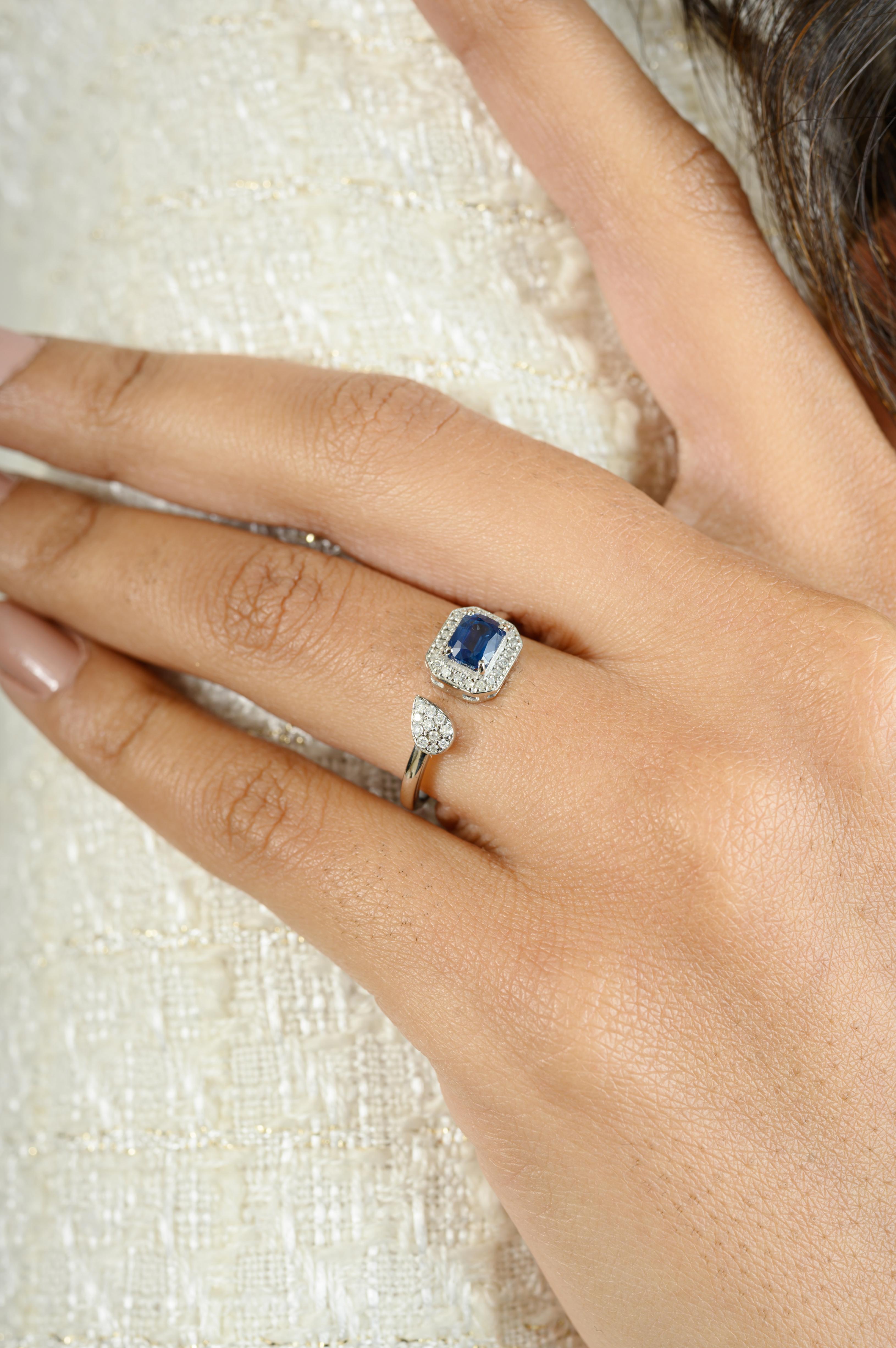 For Sale:  Faceted Octagon Sapphire Diamond Open Wedding Ring Made in 14k Solid White Gold 4