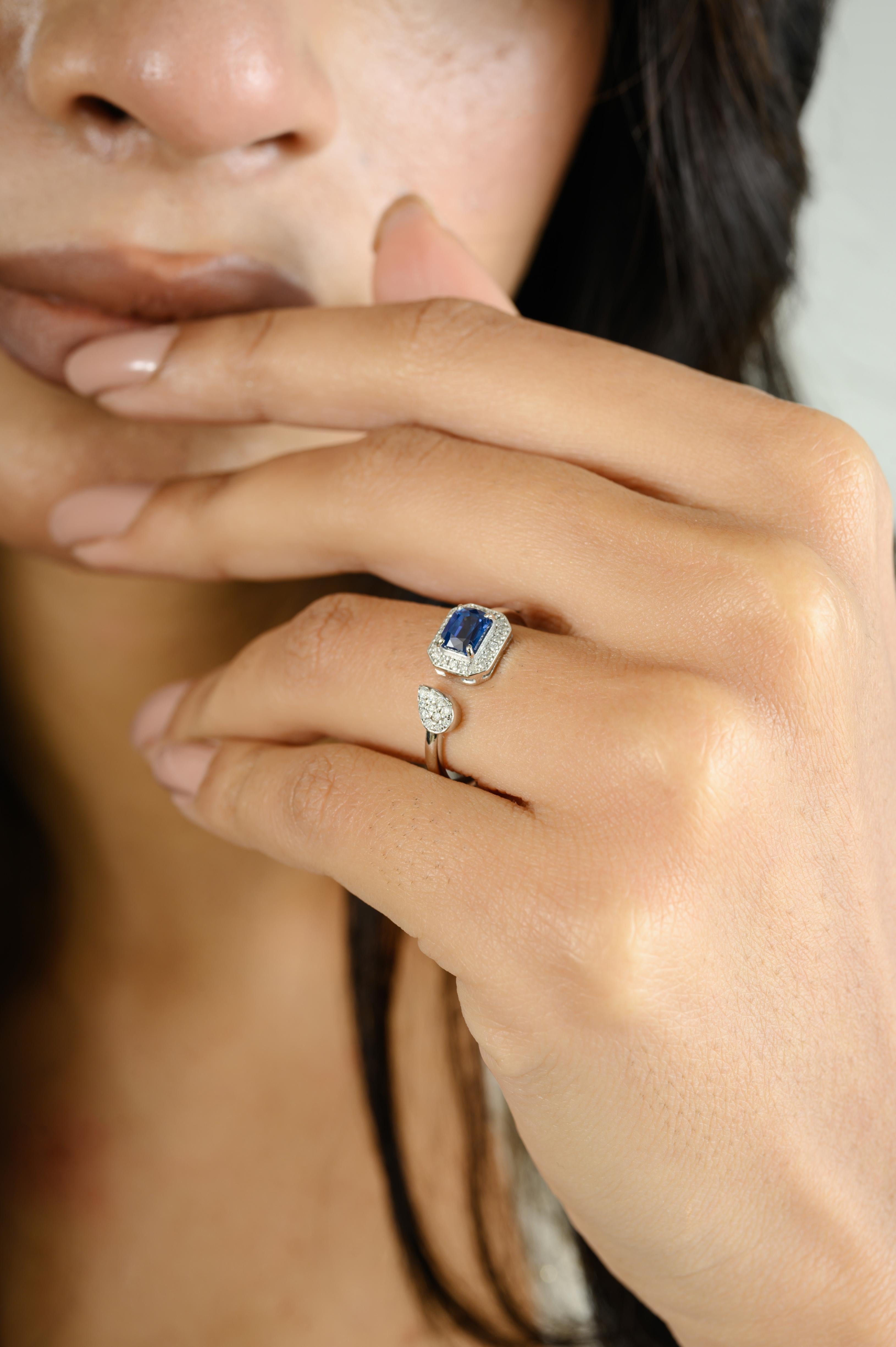 For Sale:  Faceted Octagon Sapphire Diamond Open Wedding Ring Made in 14k Solid White Gold 6