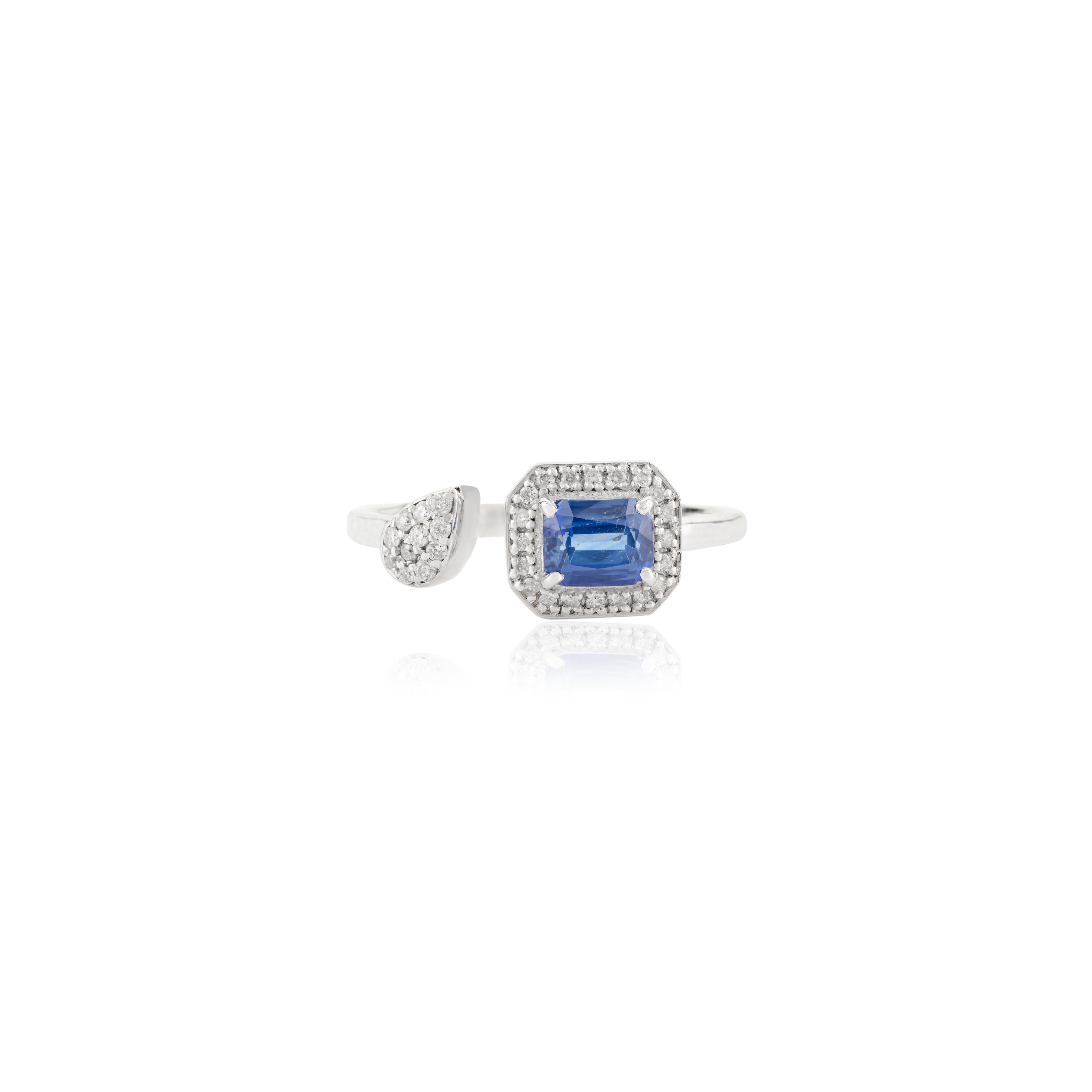 For Sale:  Faceted Octagon Sapphire Diamond Open Wedding Ring Made in 14k Solid White Gold 7