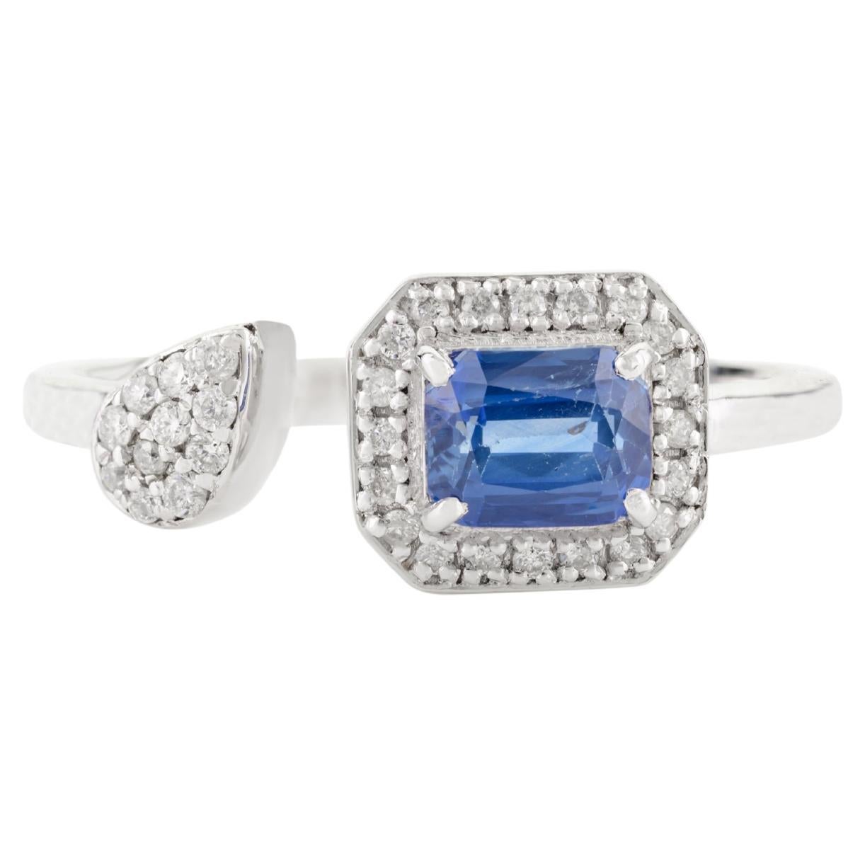 Faceted Octagon Sapphire Diamond Open Wedding Ring Made in 14k Solid White Gold