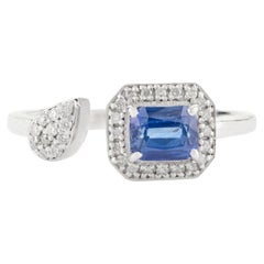 Bague de mariage ouverte en or blanc massif 14 carats avec saphir octogonal facetté et diamants