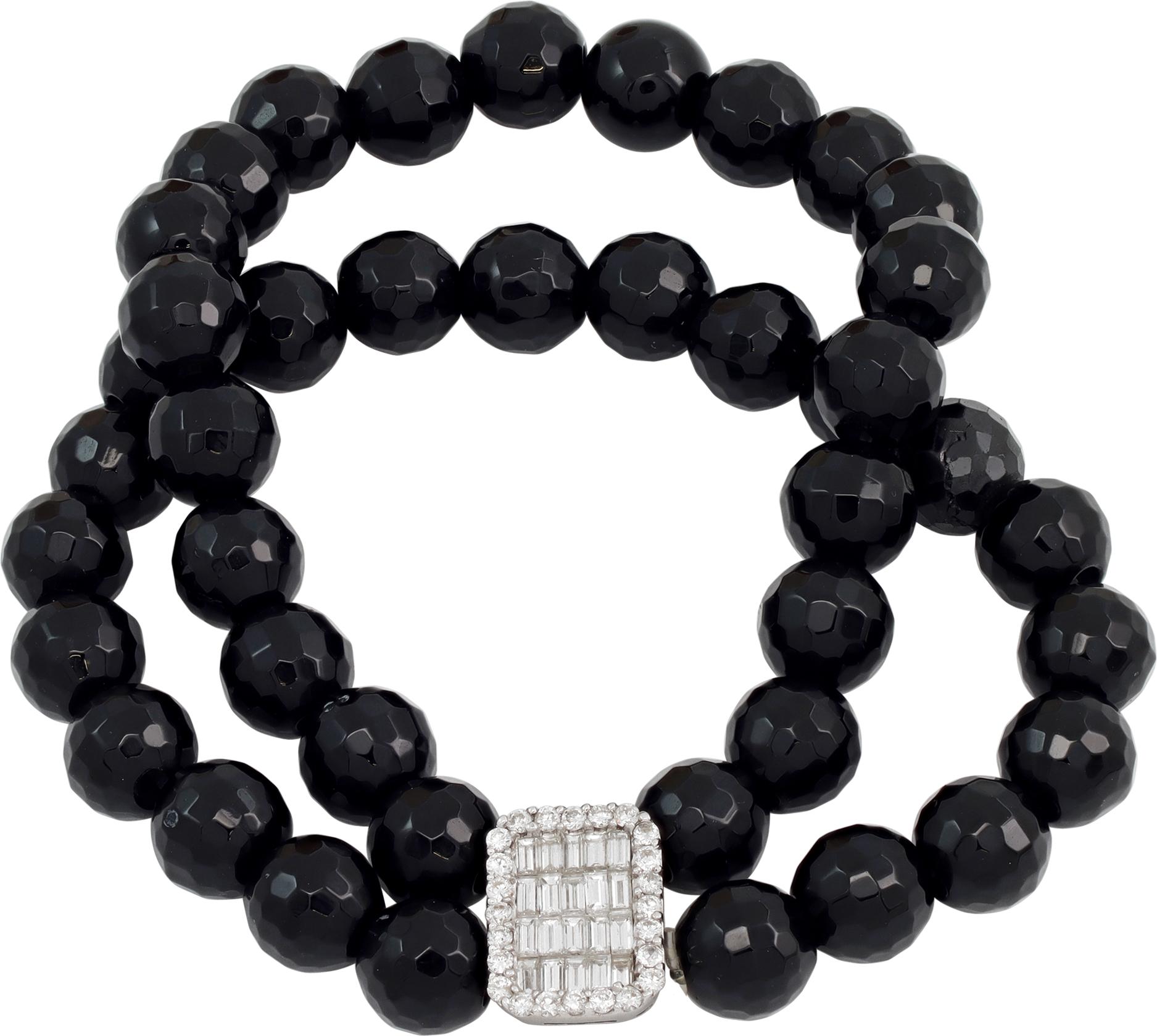 Faceted Onyx Bead Gold Stretch Bracelet with Diamond and Gold Center Station In Excellent Condition For Sale In Surfside, FL