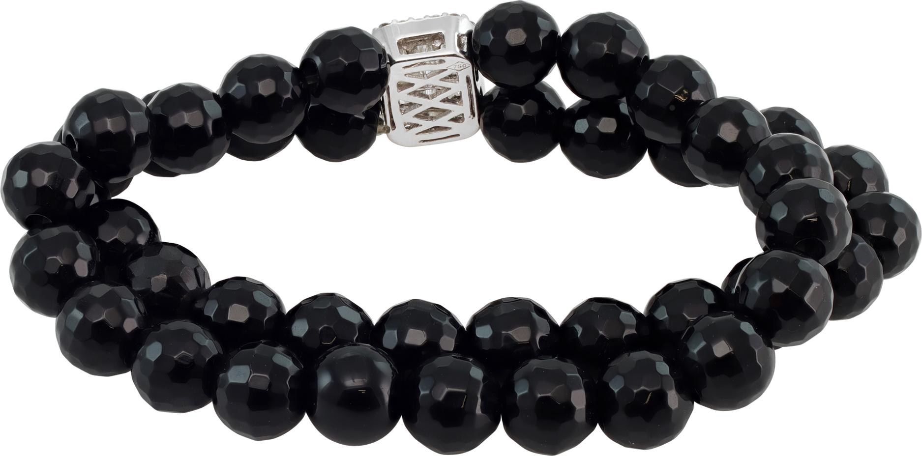 Women's or Men's Faceted Onyx Bead Gold Stretch Bracelet with Diamond and Gold Center Station For Sale